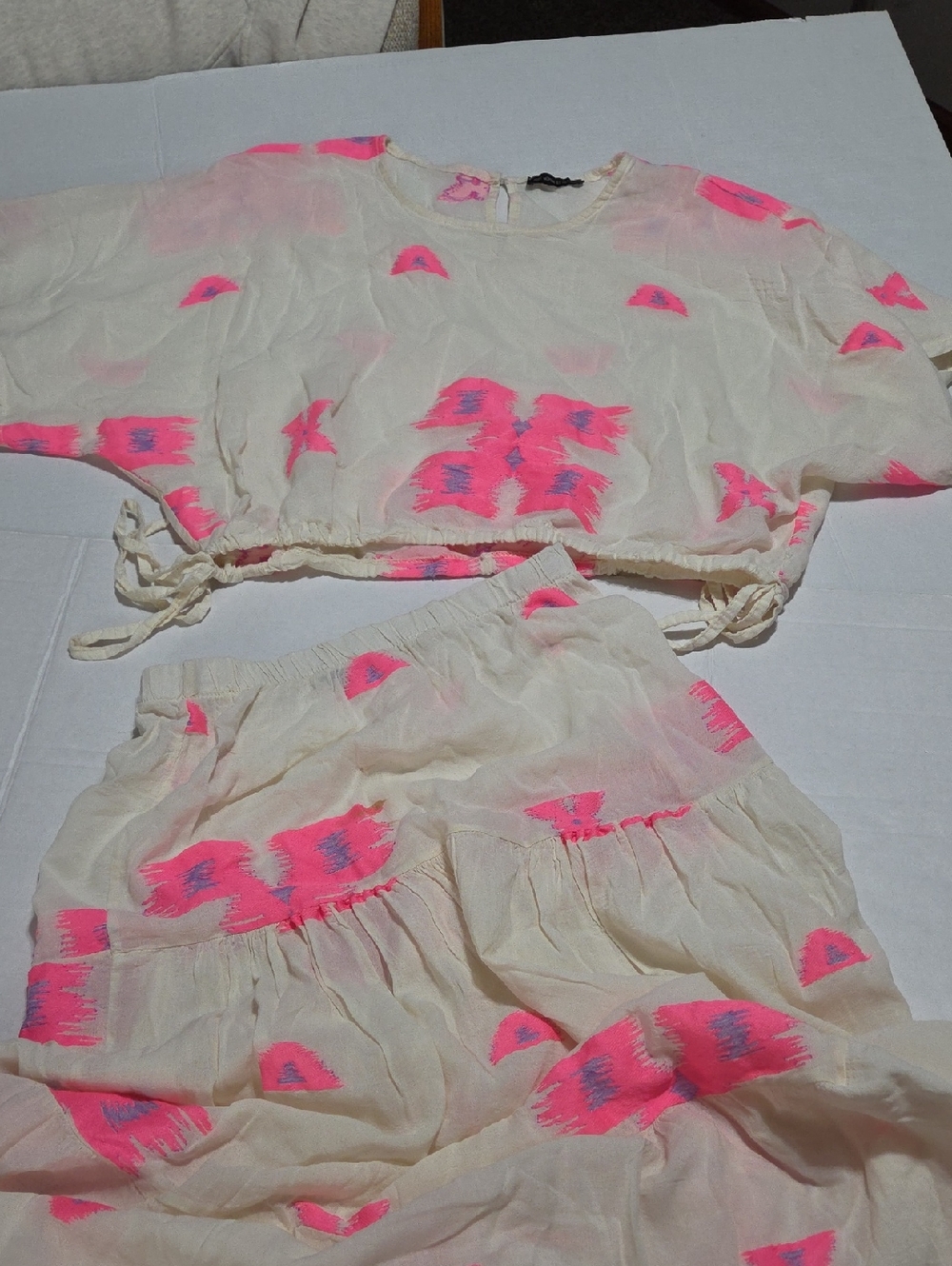 Matteo Cream Maxi Dress with Neon Pink Accents. 100% Cotton. 2 Pieces